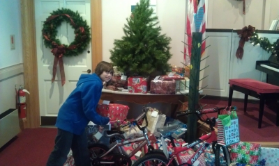 First Church in Ludlow Christmas gifts to local
                kids
